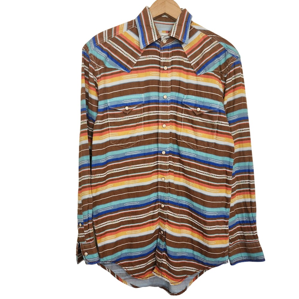 Panhandle Rough Stock Western Shirt Mens Small Brown Striped Pearl Snap Aztec